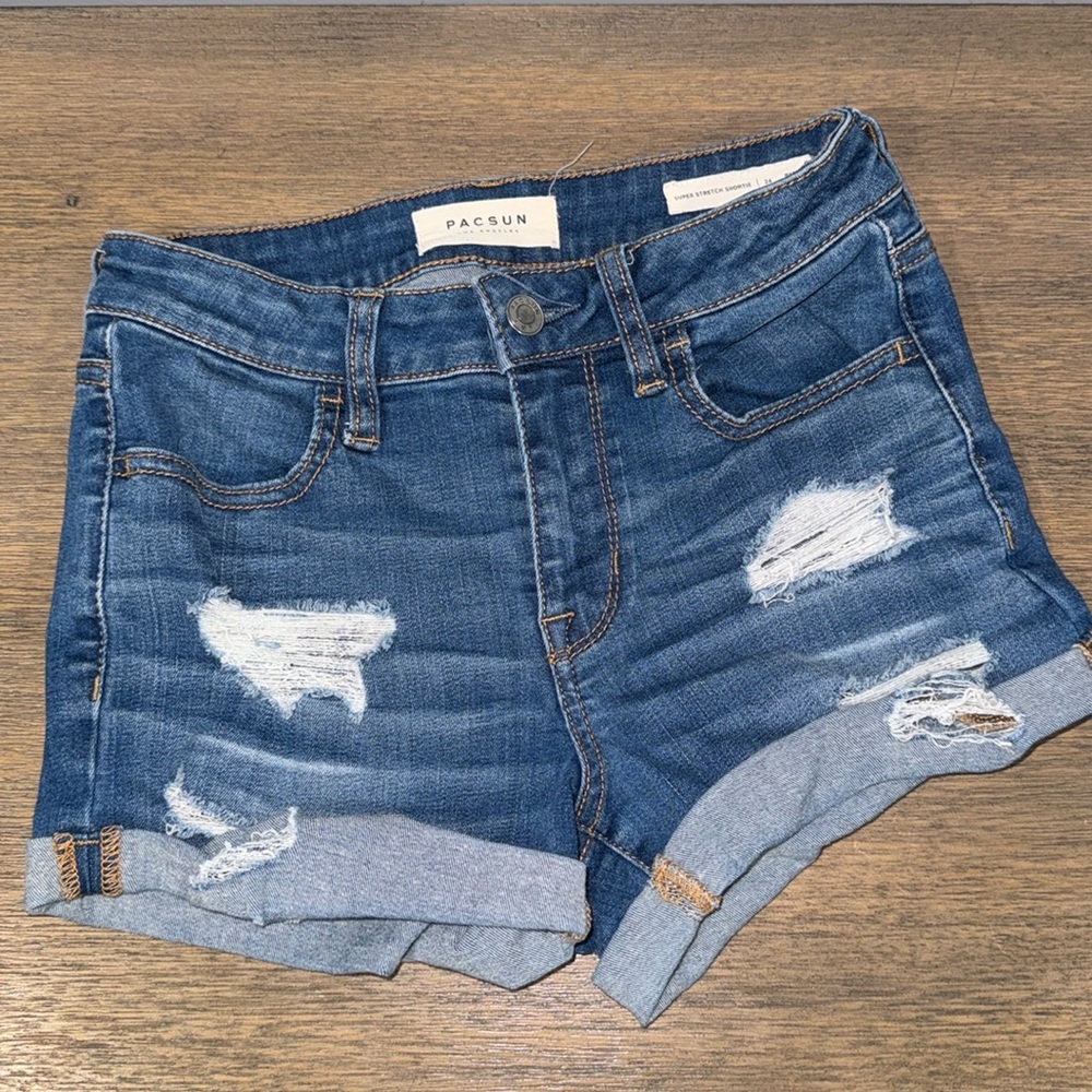 PacSun Super Stretch Shortie Distressed Medium Wash Denim Shorts 24